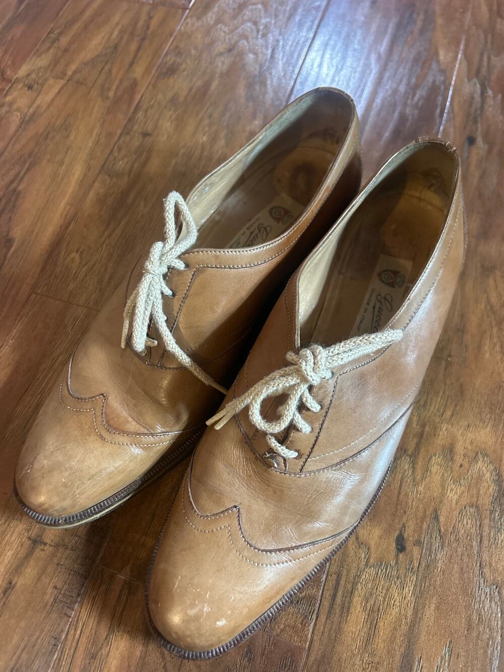 Vintage 70s GUCCI Leather Shoes COUNTRY WESTERN Tan 43.5 10 Wingtip Derby Oxford